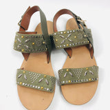 Khaki Green Embellished Suede and Leather Flat Sandals / VALENTINO - Size 37.5