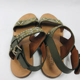 Khaki Green Embellished Suede and Leather Flat Sandals / VALENTINO - Size 37.5