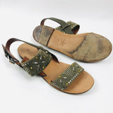 Khaki Green Embellished Suede and Leather Flat Sandals / VALENTINO - Size 37.5