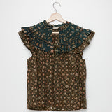 Khaki Shibori-print Frilled Cotton Top - model SOLINA / ULLA JOHNSON - Size 4