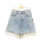 Light Blue Crystal Fringed-embelllished Denim Shorts / MAJE - Size 40