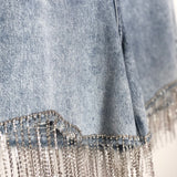 Light Blue Crystal Fringed-embelllished Denim Shorts / MAJE - Size 40