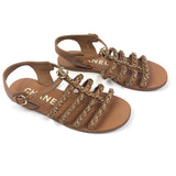Light Brown Leather Gladiator CC Chain Link Ankle Strap Flat Sandals / CHANEL - Size 37C