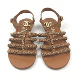 Light Brown Leather Gladiator CC Chain Link Ankle Strap Flat Sandals / CHANEL - Size 37C