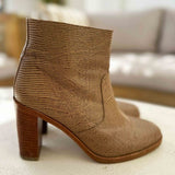 Light Brown Textured Leather Side Zip Block Heel Booties - Size 38