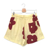 Light Yellow/Burgundy Petal Wide-Leg Linen Drawstring Shorts / FLAIR - Size S