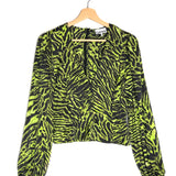 Lime Tiger Print Silk Stretch Puffed Long Sleeve Satin Blouse / GANNI - Size 36