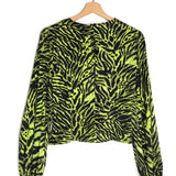 Lime Tiger Print Silk Stretch Puffed Long Sleeve Satin Blouse / GANNI - Size 36