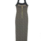 Metallic Black Monogram Jacquard Knit Backless Evening Dress / BALMAIN - Size 38