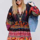 Multicolor Mixed Patchwork Long Sleeves Mini Dress / FARM RIO - Size M