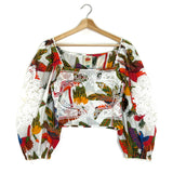 Multicolor Forest Bird Smocked Lace Square Neck Crop Top / FARM RIO - Size M