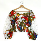 Multicolor Forest Bird Smocked Lace Square Neck Crop Top / FARM RIO - Size M