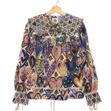 Multicolor Hearts Ikat Printed Cotton Voile Ruffled Blouse / FARM RIO - Size XS