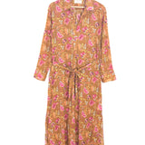 Mustard Cotton Gas Sunset Floral Print Maxi Shirt Dress / XIRENA - Size S