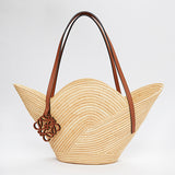 Natural Raffia and Tan Handle Petal Basket Bag - model PAULA IBIZA / LOEWE