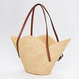 Natural Raffia and Tan Handle Petal Basket Bag - model PAULA IBIZA / LOEWE