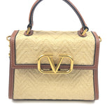 Natural/Brown Straw and Leather Chevron Small VSLING Top Handle Bag / VALENTINO