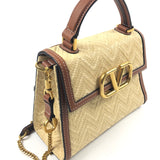Natural/Brown Straw and Leather Chevron Small VSLING Top Handle Bag / VALENTINO