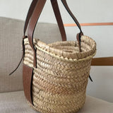 Natural/Tan Palm Leaf and Calfskin Leather-trim Medium Basket Bag