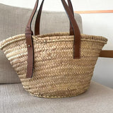 Natural/Tan Palm Leaf and Calfskin Leather-trim Medium Basket Bag