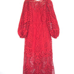 Red lace dress on a hanger against a white background