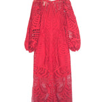 Red lace dress on a hanger against a white background