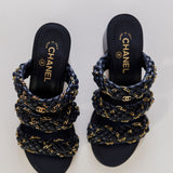 Navy Blue Braided Leather with Gold-tone Chain Heeled Sandals / CHANEL - Size 39