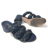 Navy Blue Braided Leather with Gold-tone Chain Heeled Sandals / CHANEL - Size 39