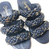 Navy Blue Braided Leather with Gold-tone Chain Heeled Sandals / CHANEL - Size 39
