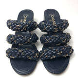 Navy Blue Braided Leather with Gold-tone Chain Heeled Sandals / CHANEL - Size 39