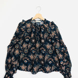 Navy Blue MANET Floral Printed Cotton Long Sleeves Blouse / ULLA JOHNSON - Size US 8