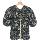 Navy Blue NAYA Rainforest Printed Puffed Sleeves Cotton Top / ULLA JOHNSON - Size US 6