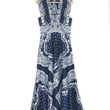Navy Blue Paisley Print Satin Twill Midi Dress / SANDRO - Size 34