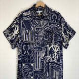 Navy Blue Silk Satin Printed MER Relaxed Shirt / SHONA JOY - Size 38