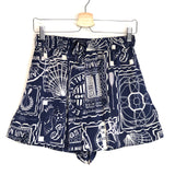 Navy Blue Silk Satin Printed MER Relaxed Shorts / SHONA JOY - Size 38