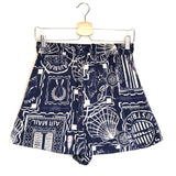 Navy Blue Silk Satin Printed MER Relaxed Shorts / SHONA JOY - Size 38