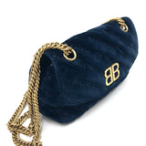 Navy Blue Velvet BB logo Chain Shoulder Bag / BALENCIAGA