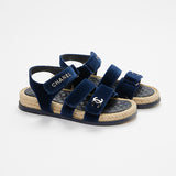 Navy CC Flat Sandals with Velvet Ankle Strap / CHANEL - Size 37C
