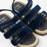 Navy CC Flat Sandals with Velvet Ankle Strap / CHANEL - Size 37C