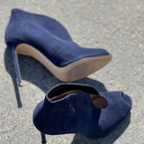 Navy Blue Suede Peep-Toe Ankle Boots with Stiletto Heels - model VAMP / GIANVITTO ROSSI - Size 40
