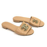 Nude CC Logo Leather Slides Sandals / CHANEL - Size 38C