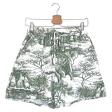 Olive Green and White Toile De Jouy Drawstring Shorts / DASH & DAZZ - One Size