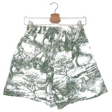 Olive Green and White Toile De Jouy Drawstring Shorts / DASH & DAZZ - One Size