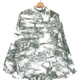 Olive Green and White Toile De Jouy Print Button Up Shirt / DASH & DAZZ - One Size