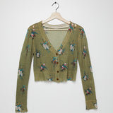 Olive Green Floral Cashmere Distressed Cropped Cardigan / R13 - Size M