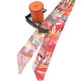 Orange/Beige LES CHIENS PARISIENS Silk Twilly Scarf Designed By Matthieu Cossé / HERMES - Size 5 x 86 cm