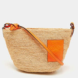 Beige/Orange Paula's Ibiza Leather-trimmed Woven Raffia Shoulder Bag / LOEWE