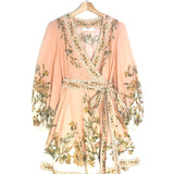 Peach CHINTZ Floral Print Cotton Voile Wrap Mini Dress / ZIMMERMANN - Size 2