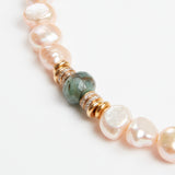 Pink and Champagne Iridescent Freshwater Pearls Necklace with Faceted Emerald Stone - model WITNEY / SHIREL BELLAICHE