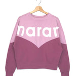Purple and pink sweatshirt with 'narar' text on a hanger against a white background